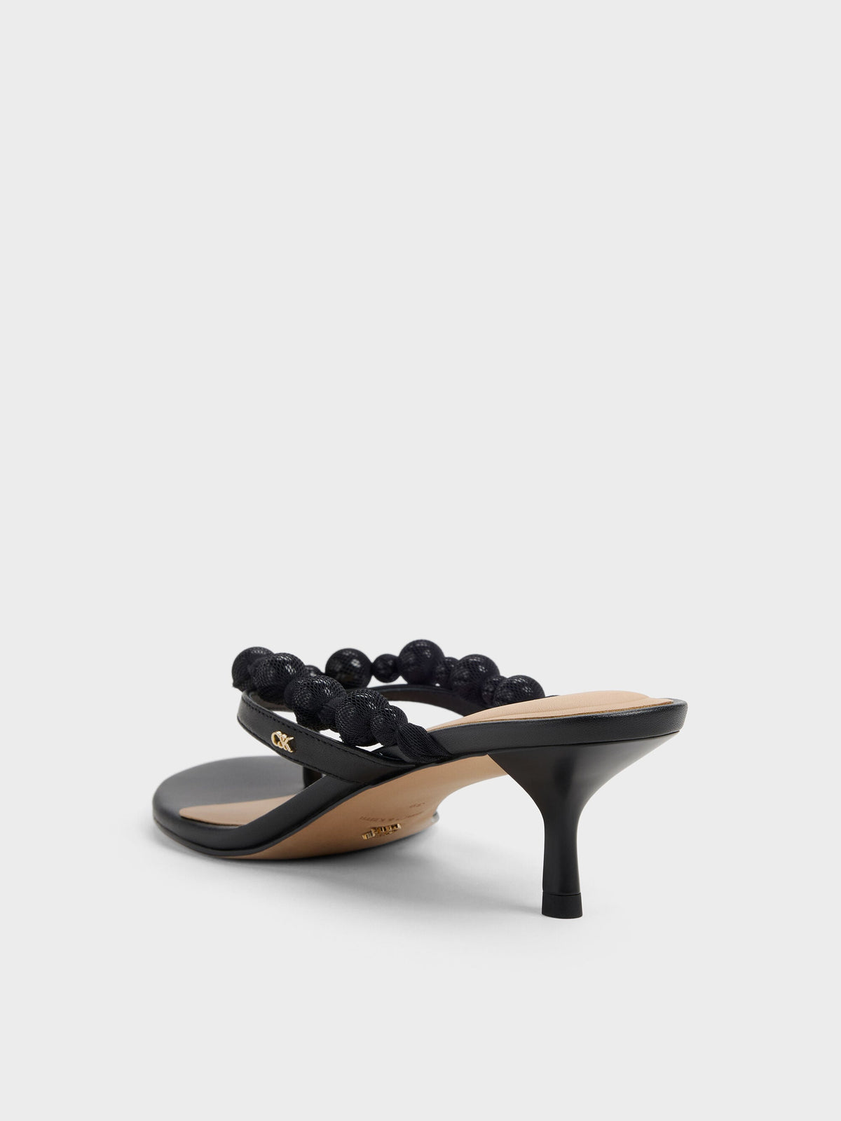 CHARLES & KEITH Trusted / Leather Beaded Thong Kitten Heels - Black