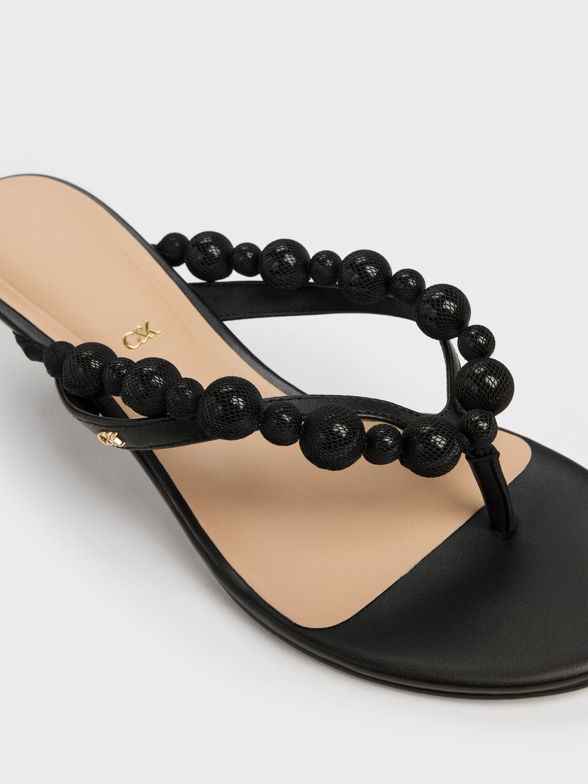 CHARLES & KEITH Trusted / Leather Beaded Thong Kitten Heels - Black