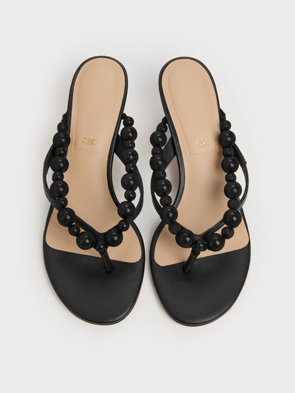 CHARLES & KEITH Trusted / Leather Beaded Thong Kitten Heels - Black