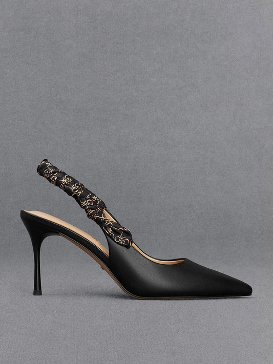 CHARLES & KEITH Top Pick / Tully Leather Ruched Print Slingback Pumps - Black