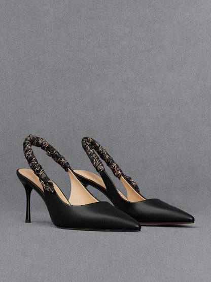 CHARLES & KEITH Top Pick / Tully Leather Ruched Print Slingback Pumps - Black