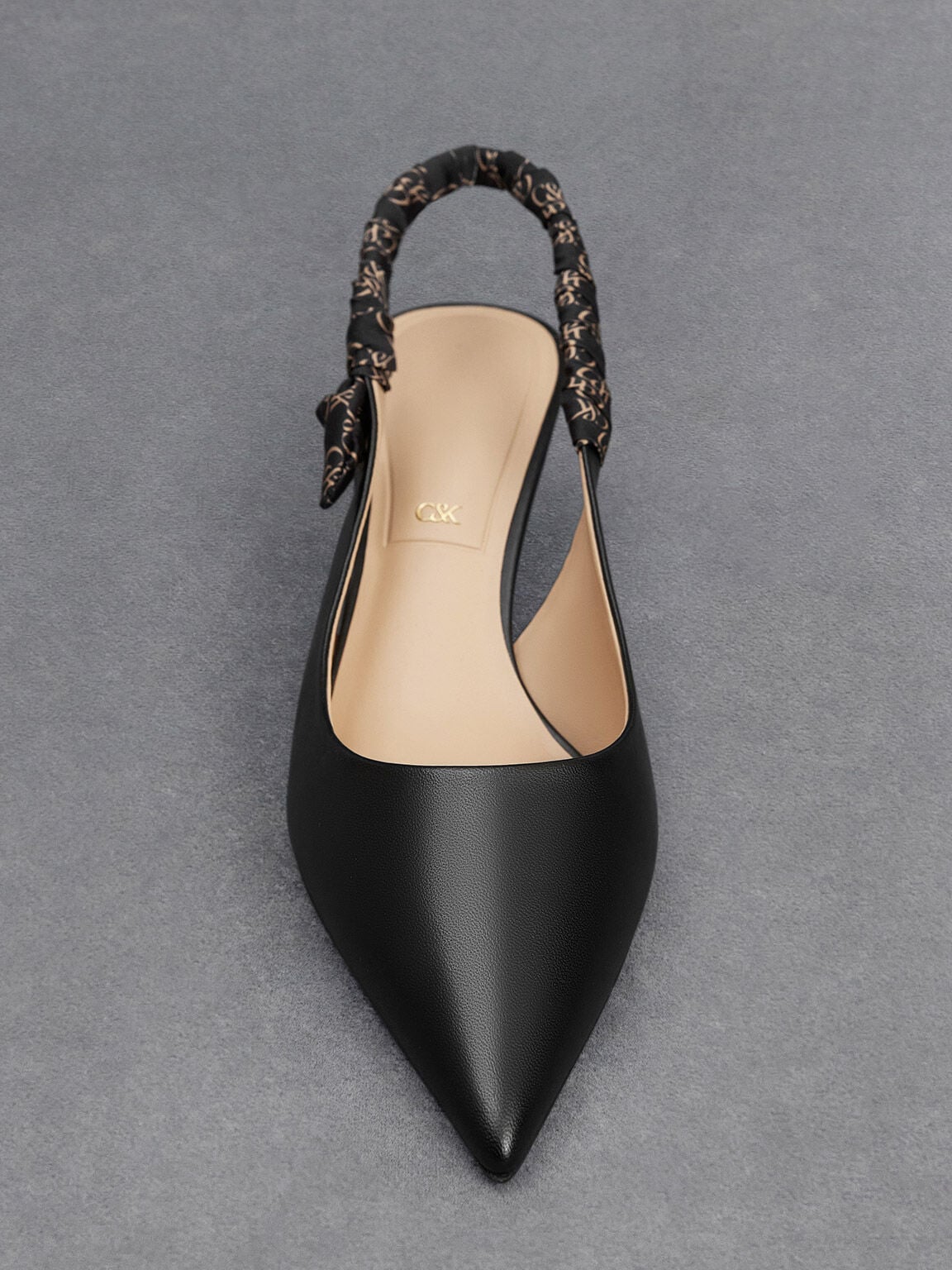 CHARLES & KEITH Top Pick / Tully Leather Ruched Print Slingback Pumps - Black