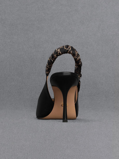 CHARLES & KEITH Top Pick / Tully Leather Ruched Print Slingback Pumps - Black