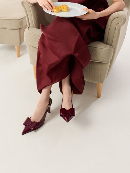 CHARLES & KEITH Deals / Lu Patent Leather Bow Slingback Pumps - Burgundy