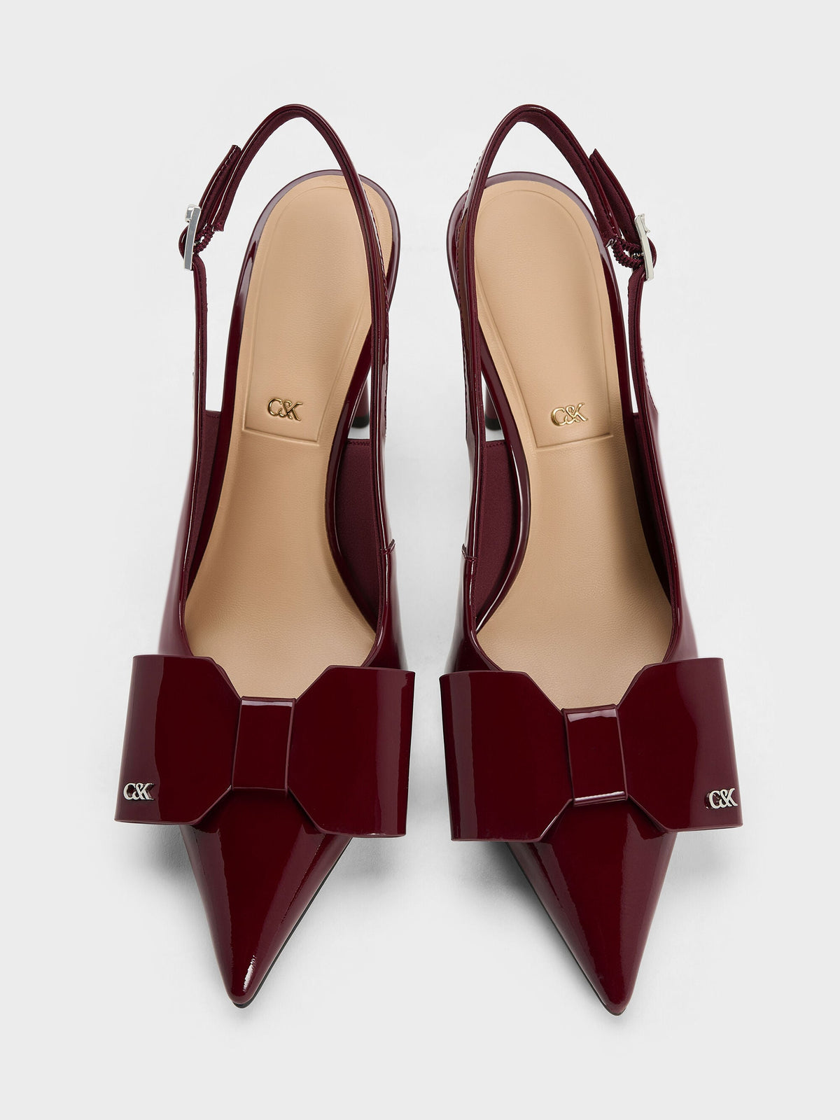 CHARLES & KEITH Deals / Lu Patent Leather Bow Slingback Pumps - Burgundy