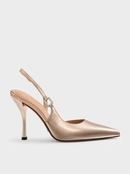 CHARLES & KEITH Sale / Metallic Leather Crystal-Buckle Slingback Pumps - Bronze