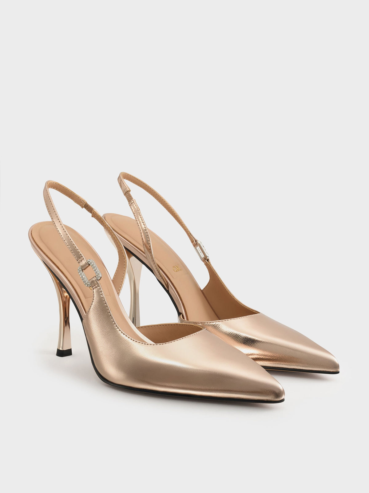 CHARLES & KEITH Sale / Metallic Leather Crystal-Buckle Slingback Pumps - Bronze
