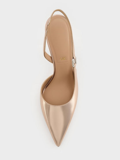 CHARLES & KEITH Sale / Metallic Leather Crystal-Buckle Slingback Pumps - Bronze