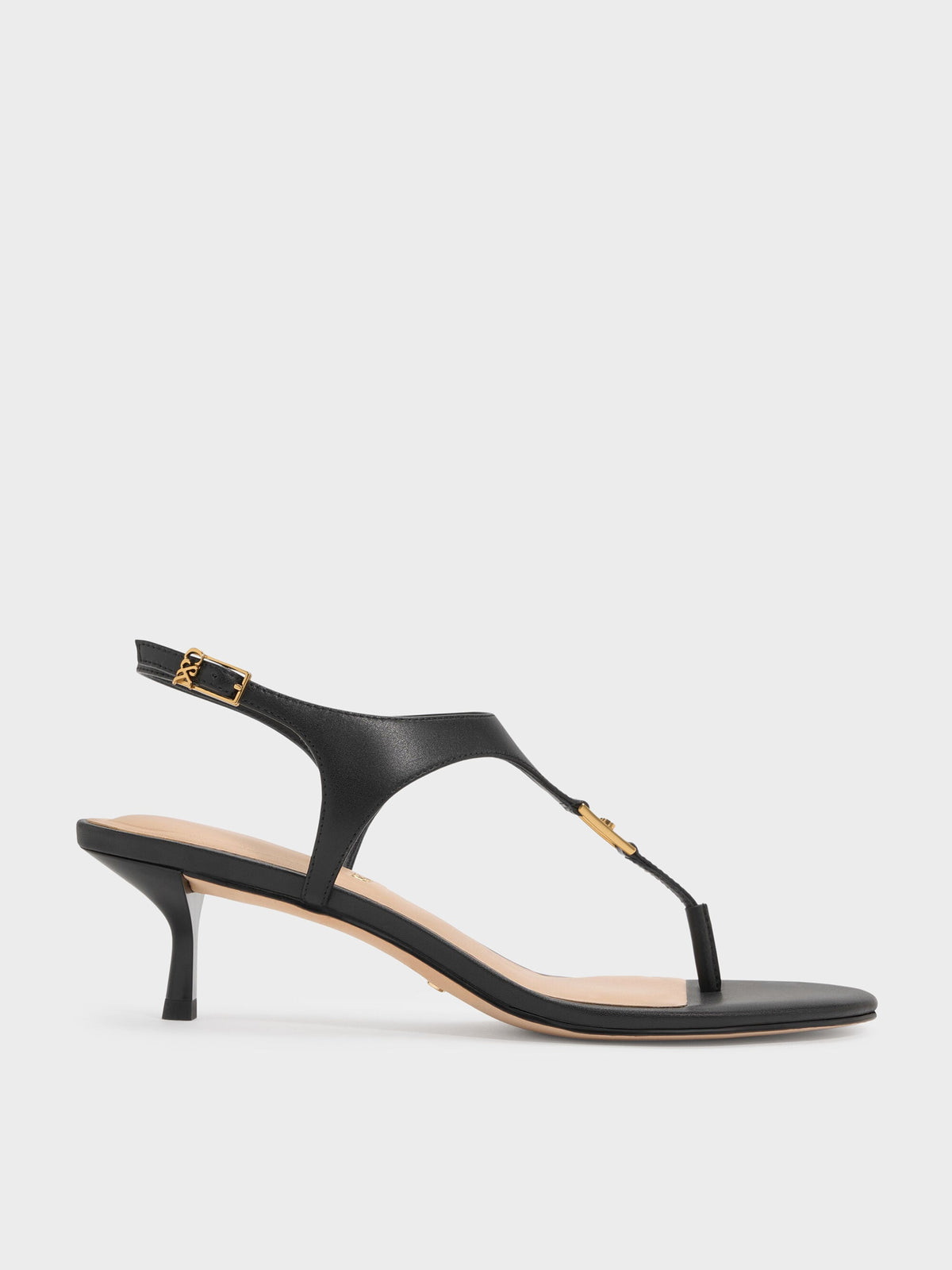 CHARLES & KEITH Top Pick / Leather Thong Kitten Heels - Black