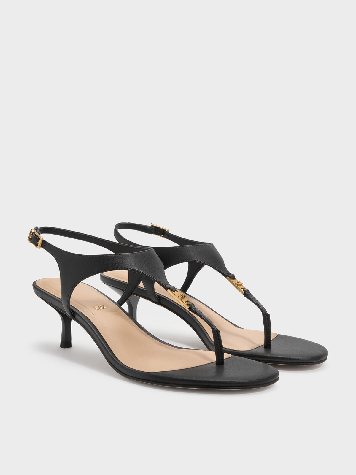 CHARLES & KEITH Top Pick / Leather Thong Kitten Heels - Black