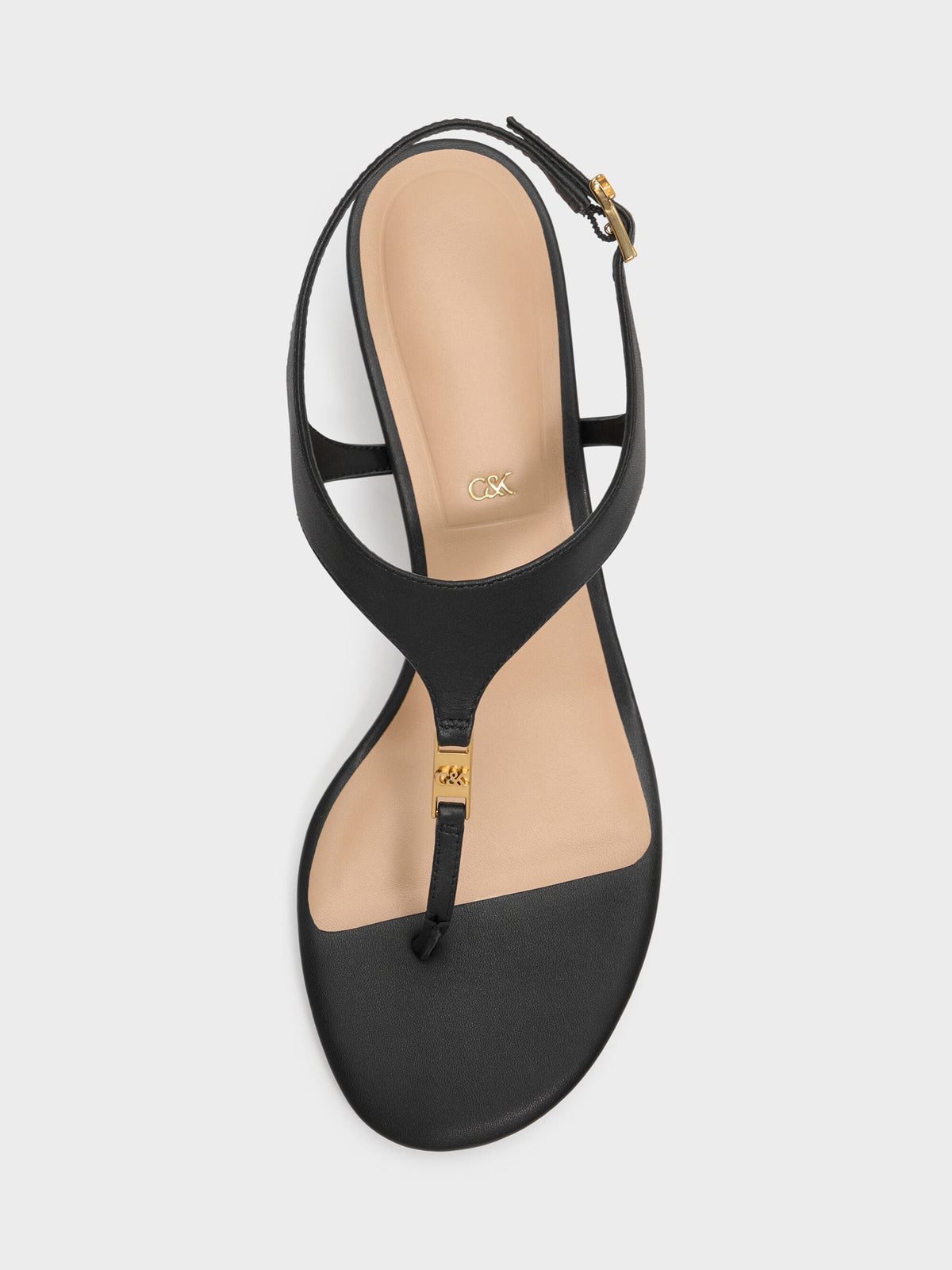 CHARLES & KEITH Top Pick / Leather Thong Kitten Heels - Black