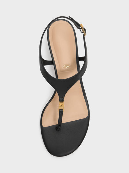 CHARLES & KEITH Top Pick / Leather Thong Kitten Heels - Black