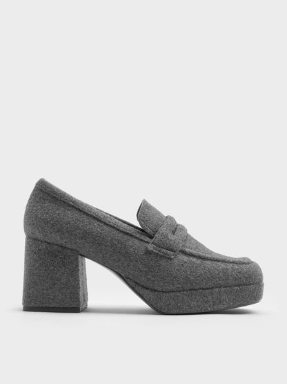 CHARLES & KEITH Top Pick / Felt Platform Penny Loafer Pumps - Grey