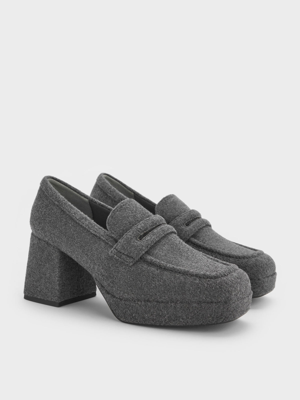 CHARLES & KEITH Top Pick / Felt Platform Penny Loafer Pumps - Grey