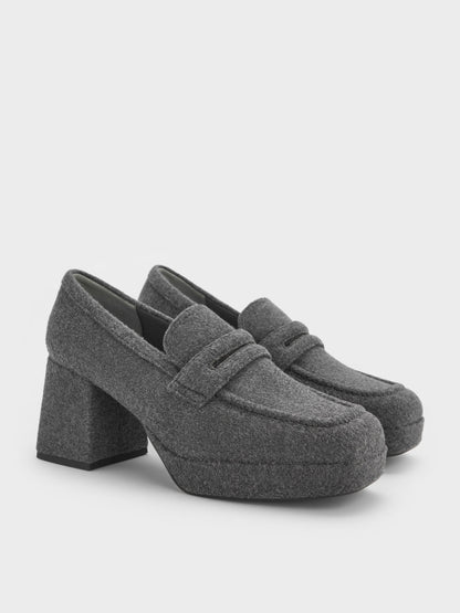 CHARLES & KEITH Top Pick / Felt Platform Penny Loafer Pumps - Grey