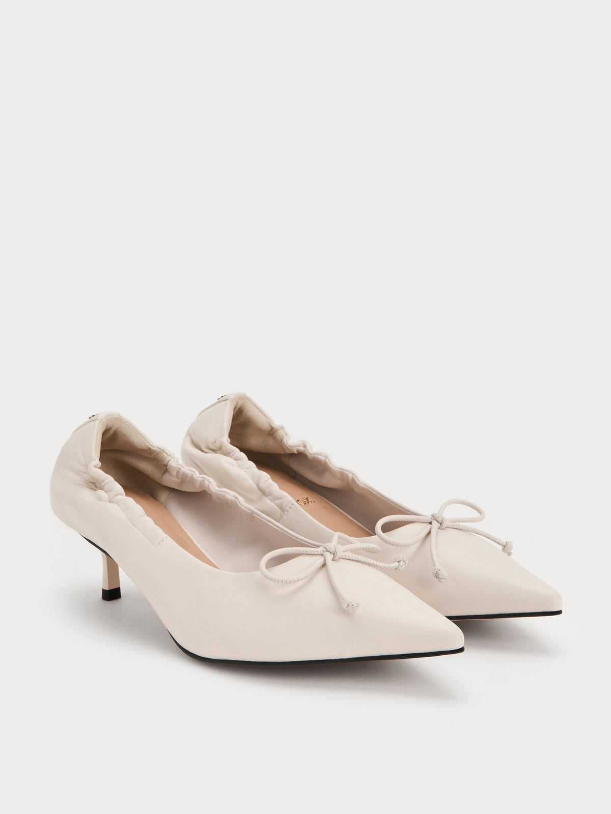 CHARLES & KEITH Trending / Leather Ruched Pointed Kitten Heels - Chalk