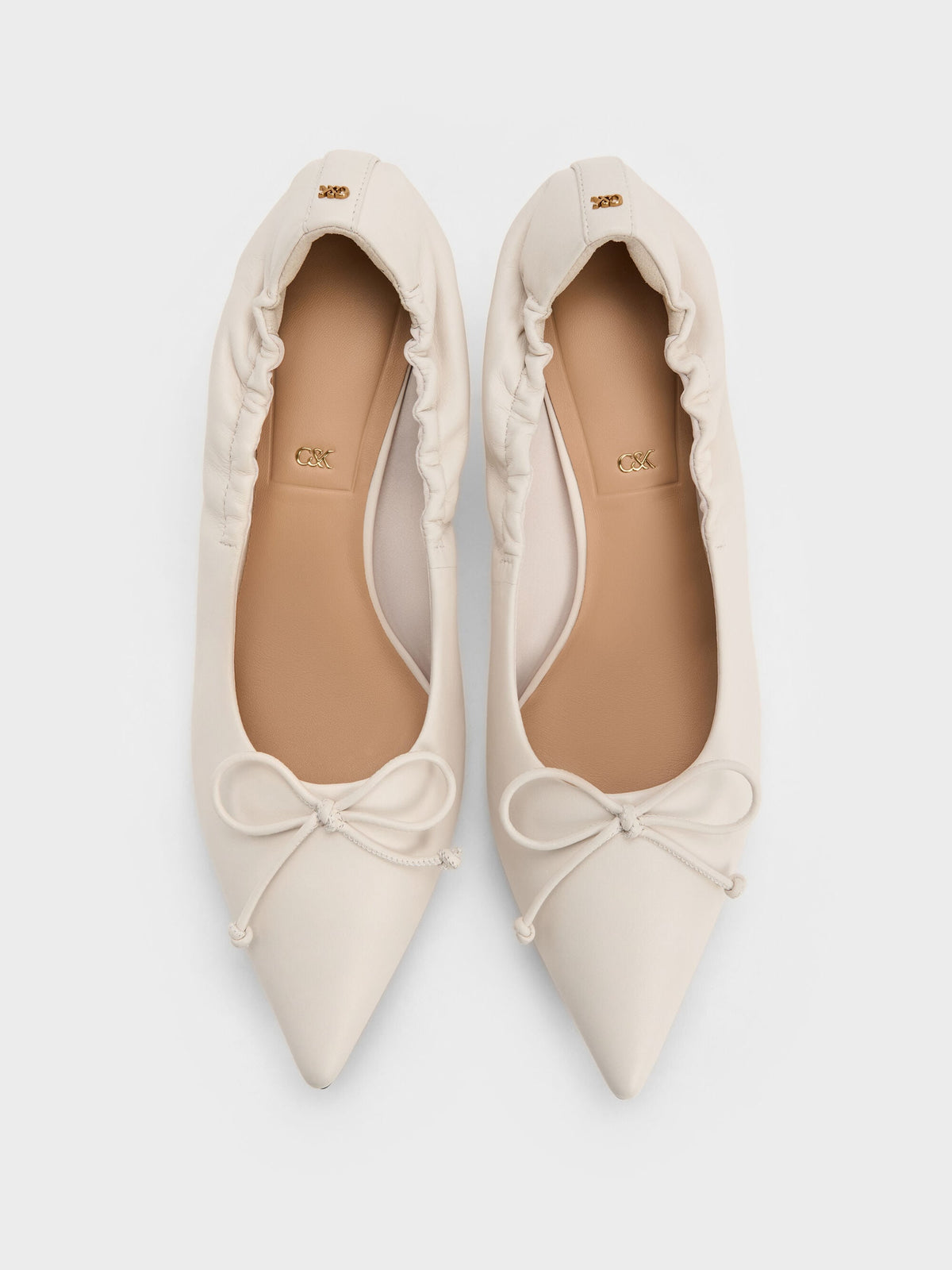 CHARLES & KEITH Trending / Leather Ruched Pointed Kitten Heels - Chalk