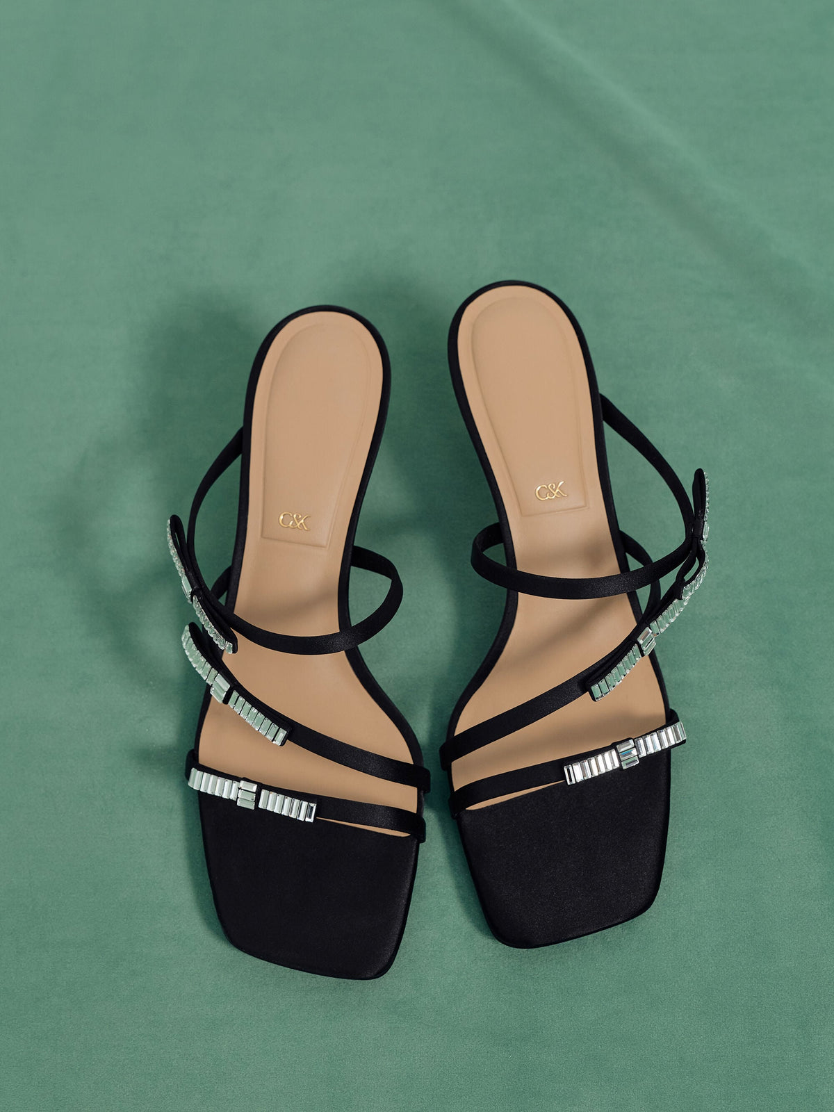 CHARLES & KEITH Special Offer / Jessy Gem-Bow Heeled Sandals - Black Textured