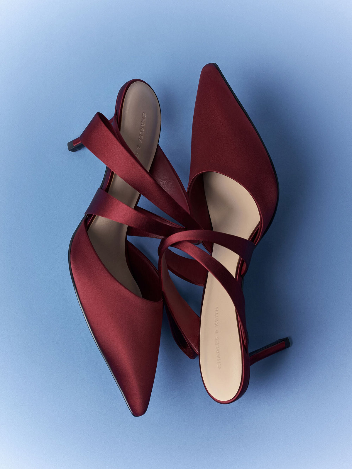 CHARLES & KEITH Value / Satin Pleated-Strap Heeled Mules - Red
