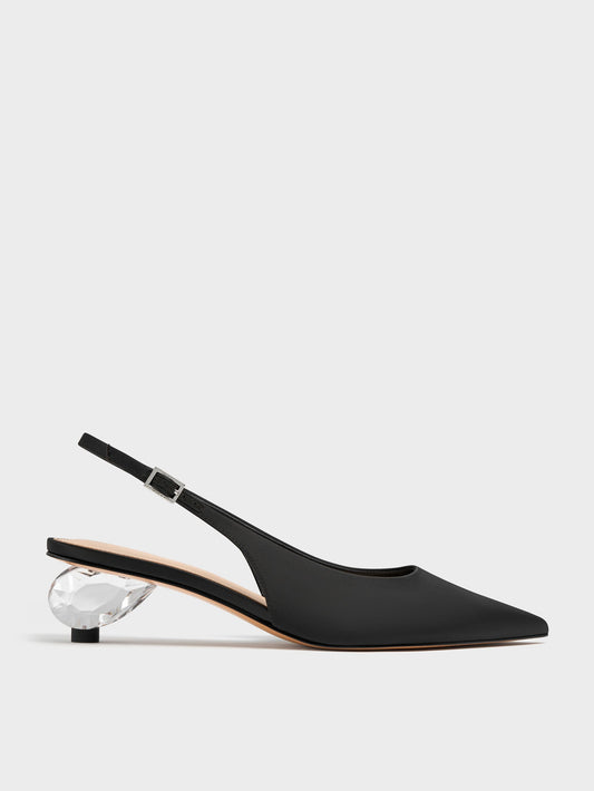 CHARLES & KEITH Featured / Pointed Crystal-Heel Slingback Pumps - Black Textured