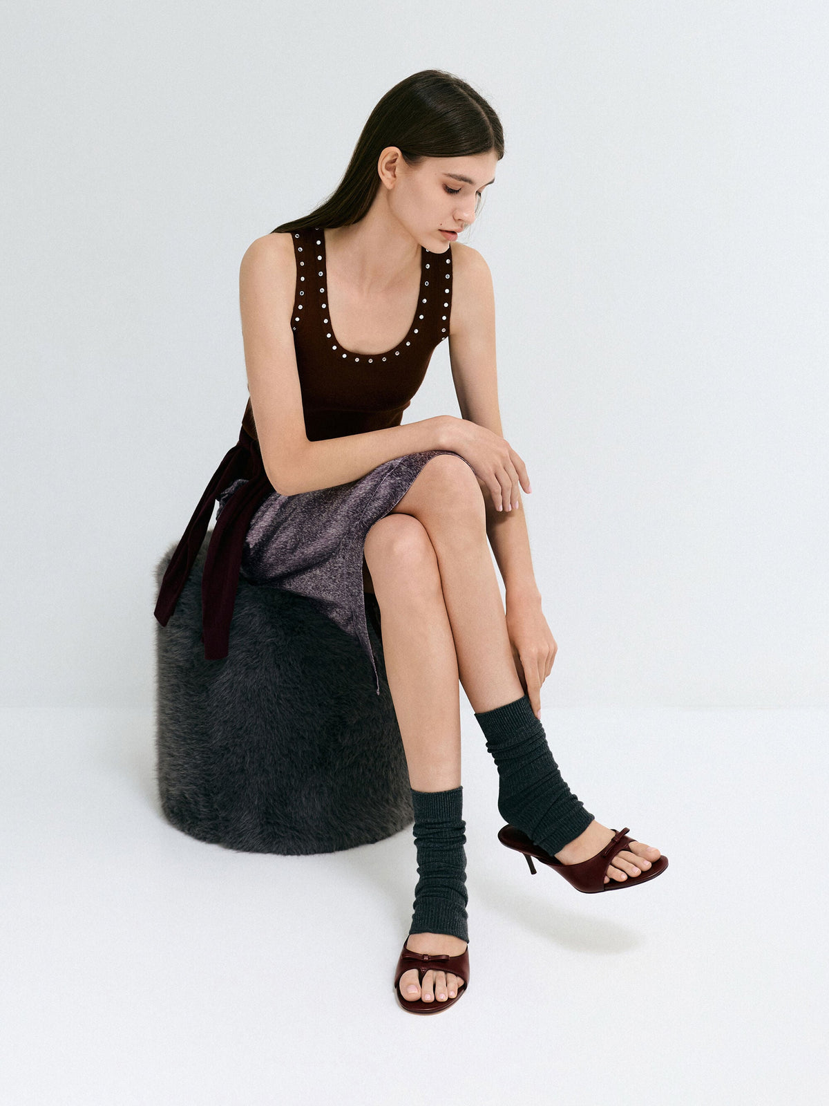CHARLES & KEITH Value / Sonali Bow Heeled Thong Sandals - Burgundy