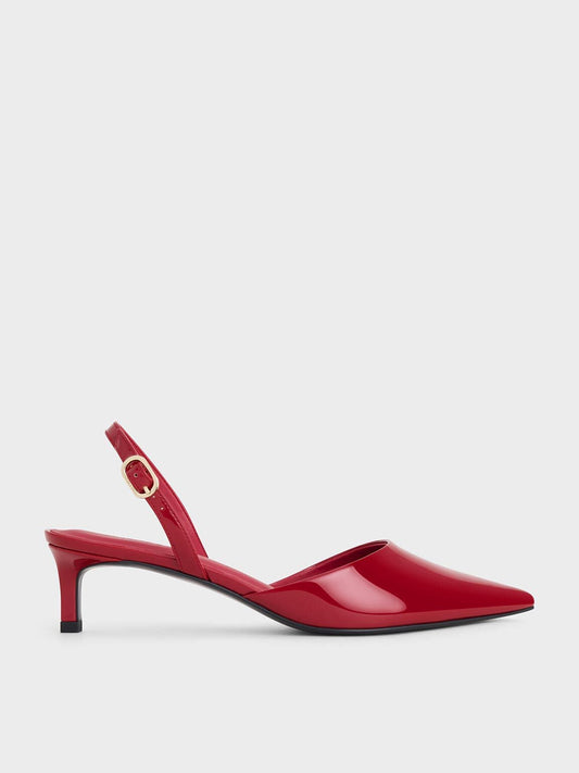 CHARLES & KEITH Best Seller / Patent Pointed Slingback Kitten Heels - Red