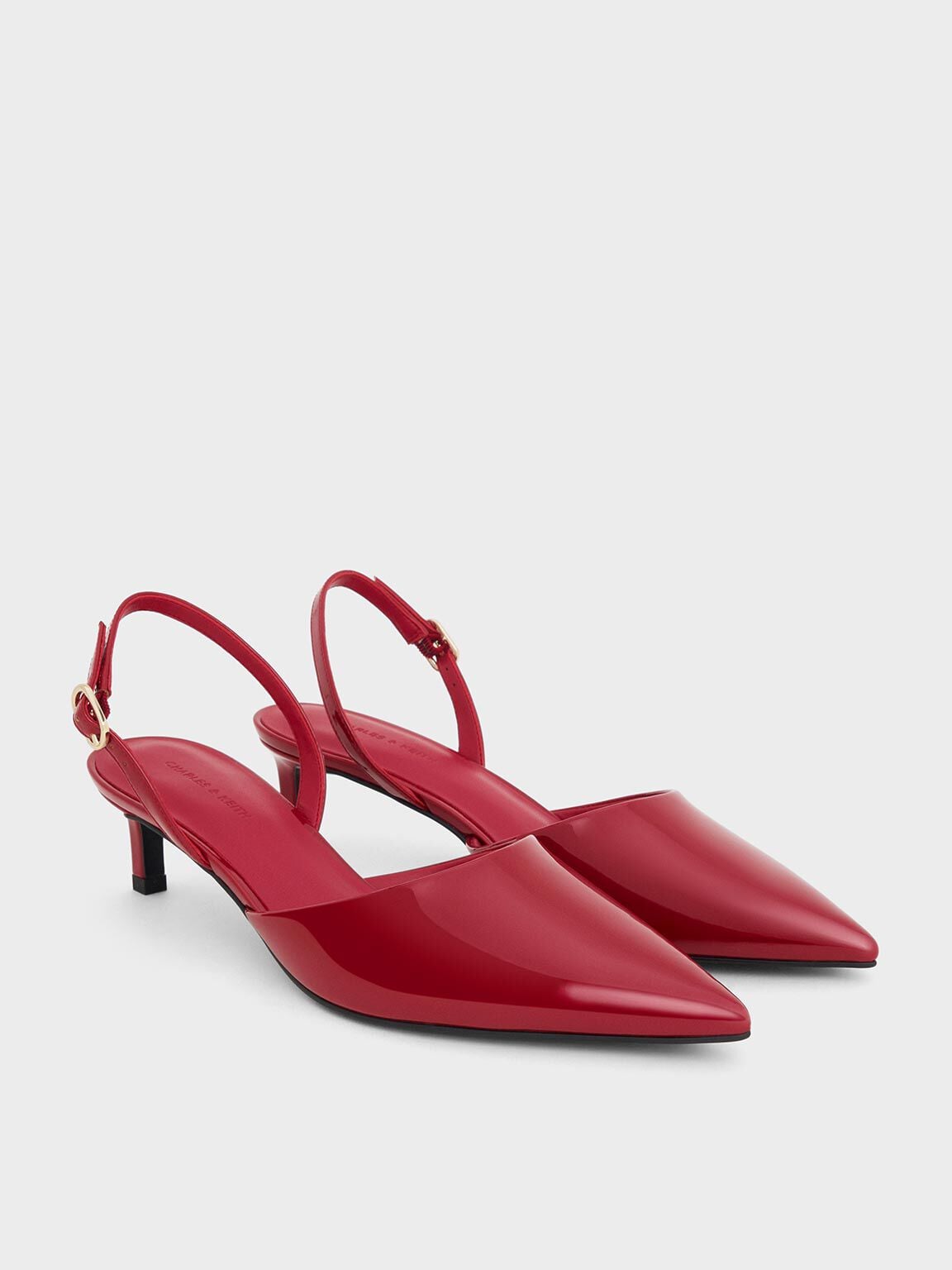 CHARLES & KEITH Best Seller / Patent Pointed Slingback Kitten Heels - Red
