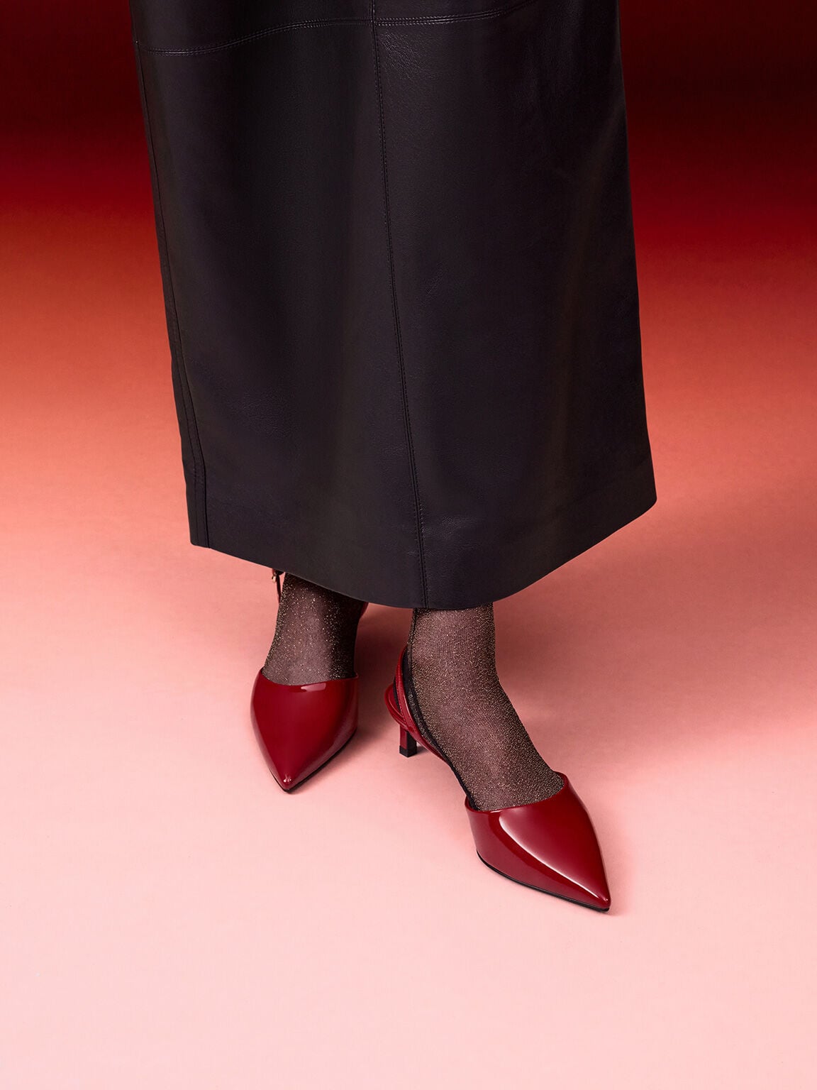 CHARLES & KEITH Best Seller / Patent Pointed Slingback Kitten Heels - Red