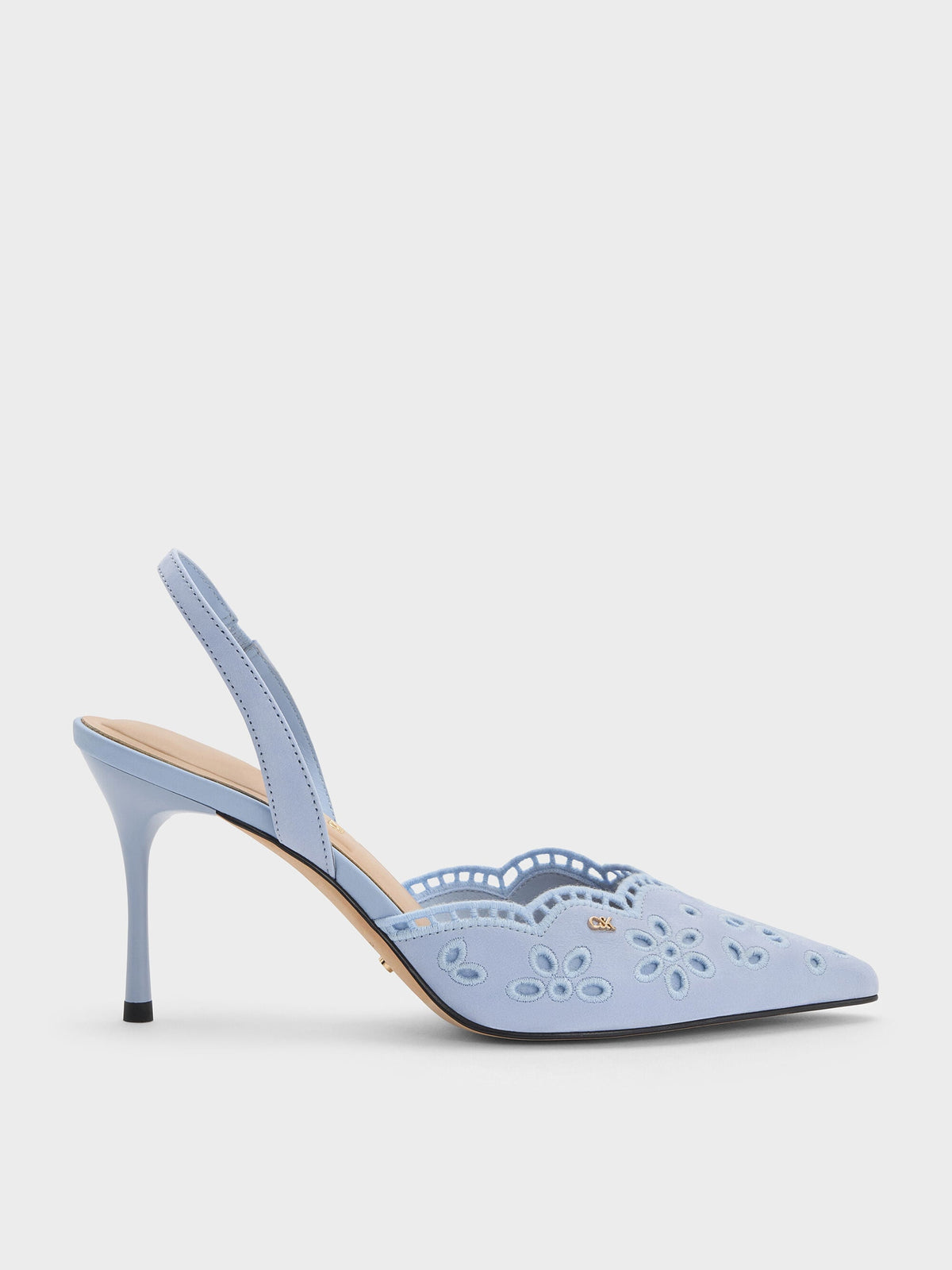 CHARLES & KEITH Recommended / Leather Embroidered Pointed Slingback Pumps - Light Blue