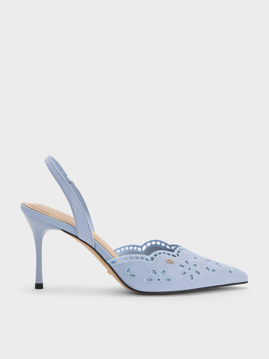 CHARLES & KEITH Recommended / Leather Embroidered Pointed Slingback Pumps - Light Blue