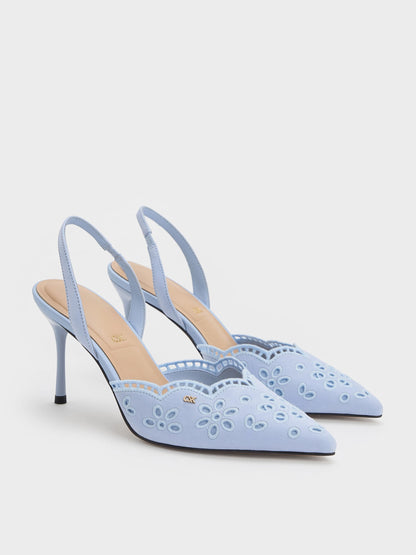 CHARLES & KEITH Recommended / Leather Embroidered Pointed Slingback Pumps - Light Blue