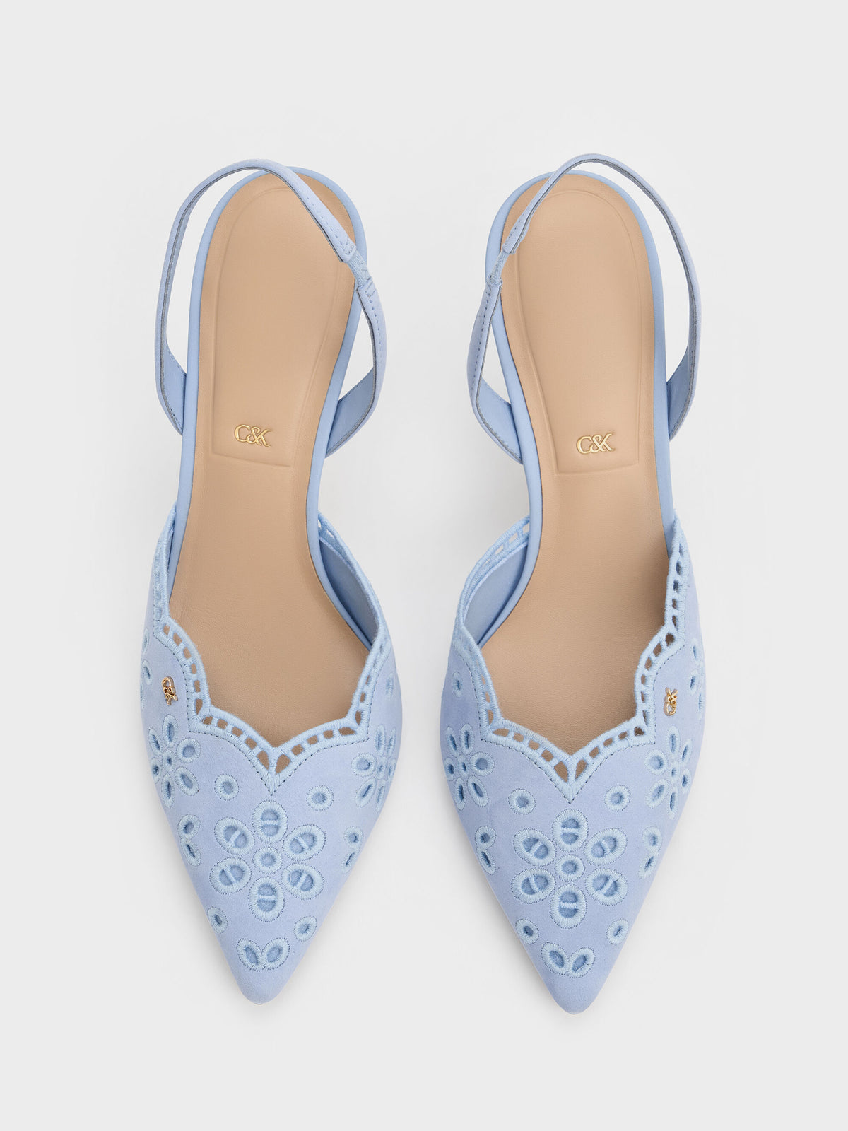 CHARLES & KEITH Recommended / Leather Embroidered Pointed Slingback Pumps - Light Blue