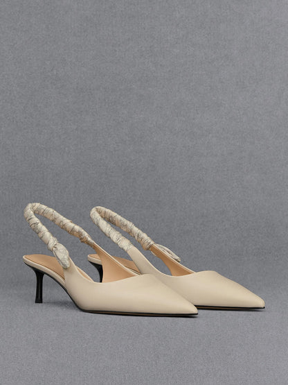 CHARLES & KEITH Quality / Tully Leather Ruched-Strap Slingback Pumps - Chalk