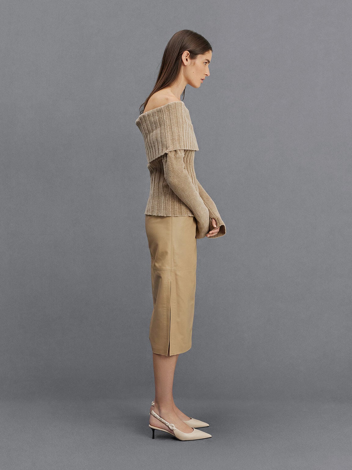 CHARLES & KEITH Quality / Tully Leather Ruched-Strap Slingback Pumps - Chalk