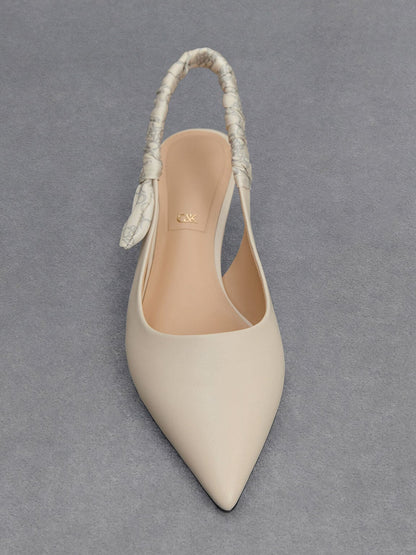 CHARLES & KEITH Quality / Tully Leather Ruched-Strap Slingback Pumps - Chalk