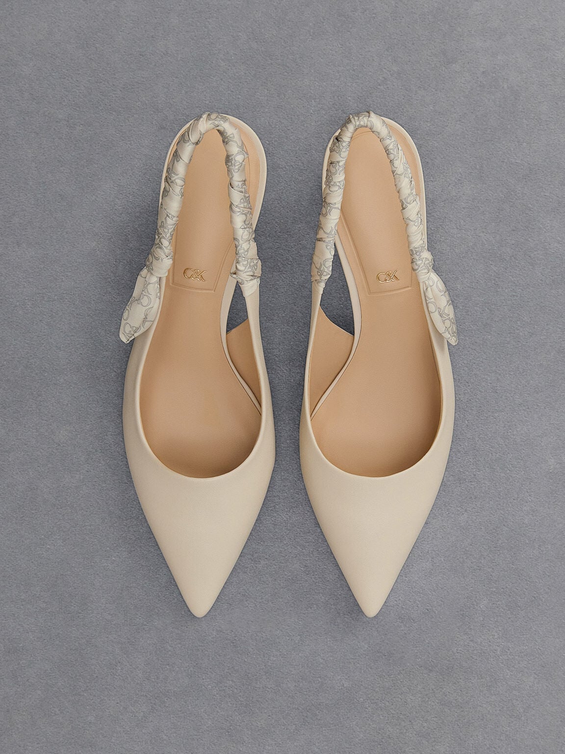 CHARLES & KEITH Quality / Tully Leather Ruched-Strap Slingback Pumps - Chalk