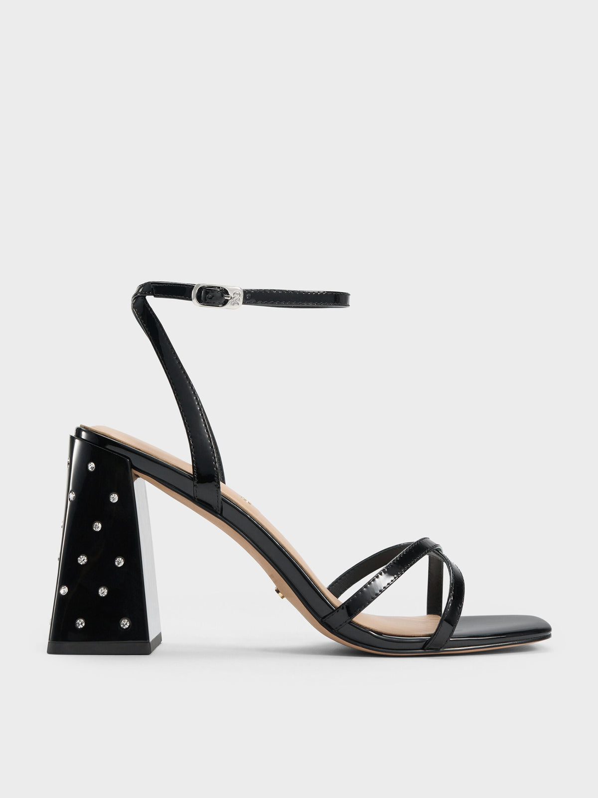 CHARLES & KEITH Deals / Emmaline Patent Leather Crystal Crossover Sandals - Black Patent