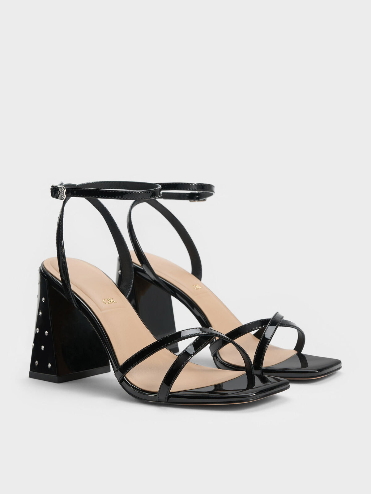 CHARLES & KEITH Deals / Emmaline Patent Leather Crystal Crossover Sandals - Black Patent