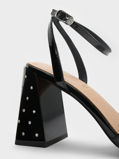 CHARLES & KEITH Deals / Emmaline Patent Leather Crystal Crossover Sandals - Black Patent