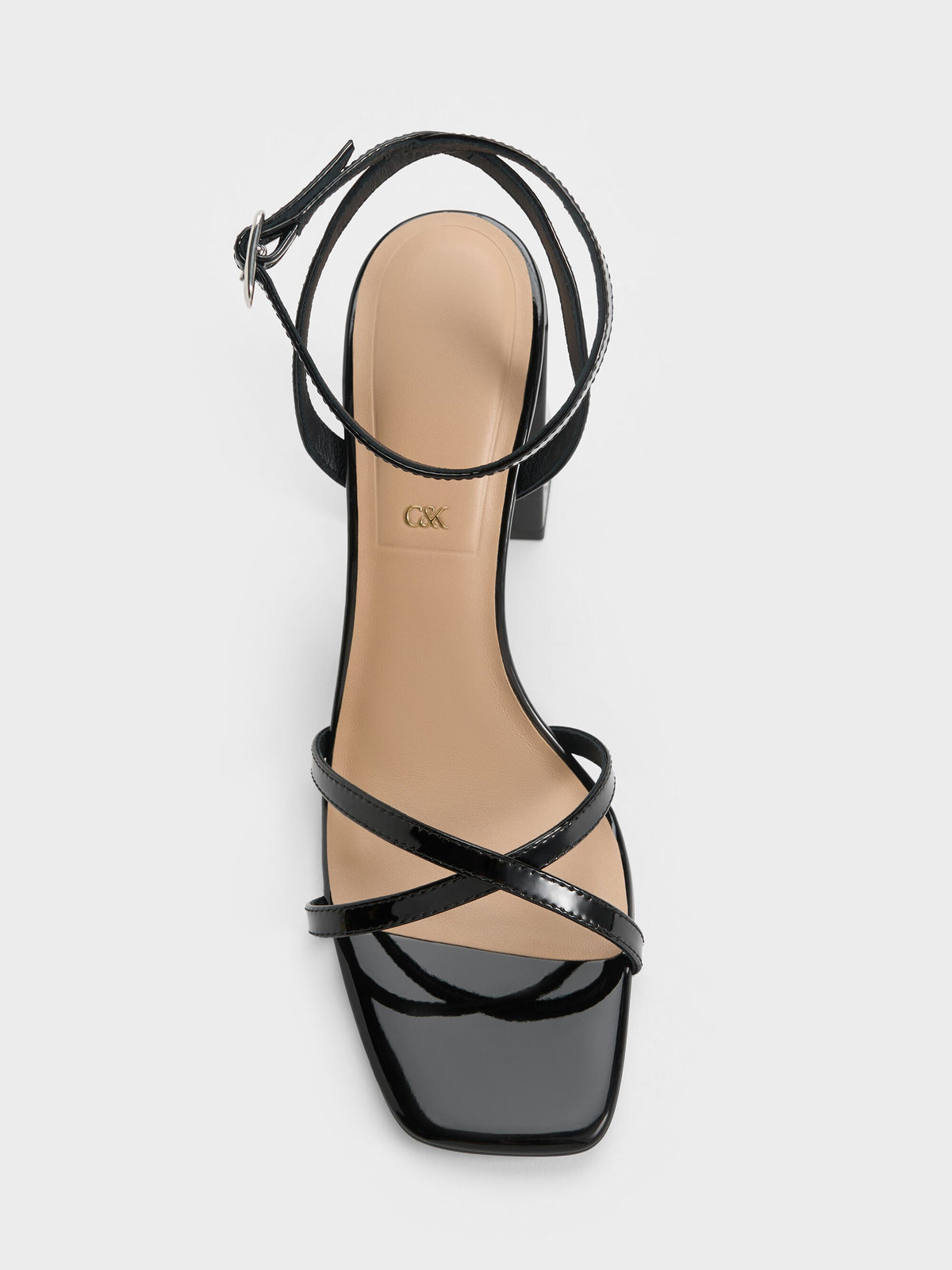 CHARLES & KEITH Deals / Emmaline Patent Leather Crystal Crossover Sandals - Black Patent