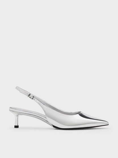 CHARLES & KEITH Premium / Curtis Metallic Slingback Kitten Heels - Silver