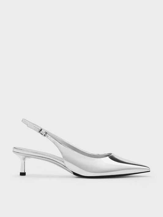 CHARLES & KEITH Premium / Curtis Metallic Slingback Kitten Heels - Silver
