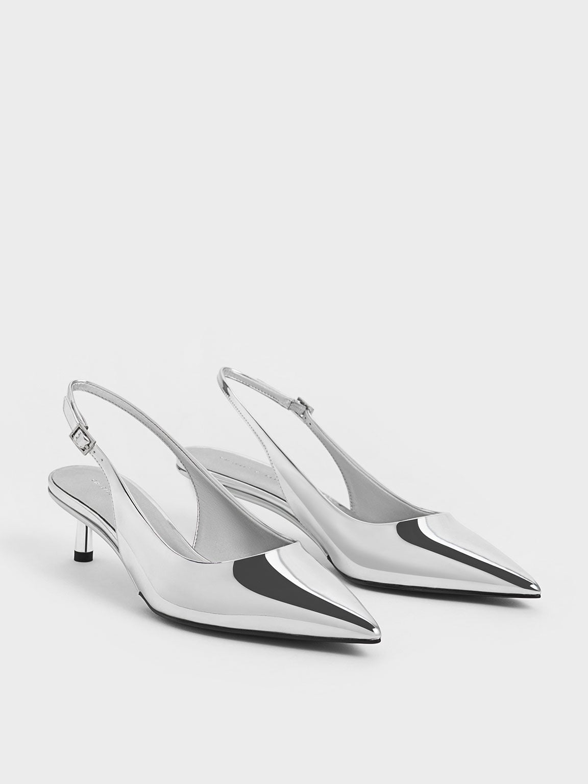 CHARLES & KEITH Premium / Curtis Metallic Slingback Kitten Heels - Silver