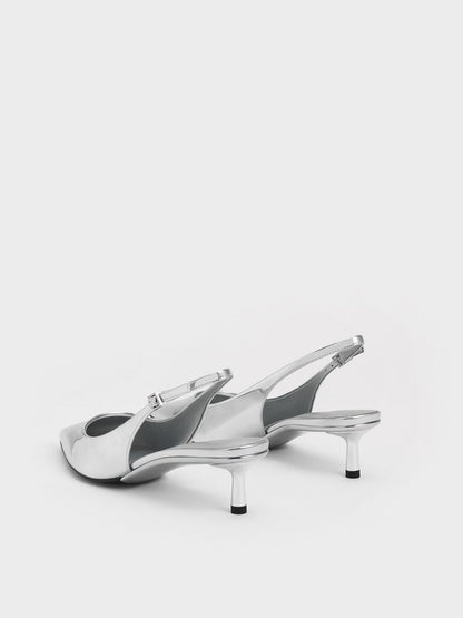 CHARLES & KEITH Premium / Curtis Metallic Slingback Kitten Heels - Silver