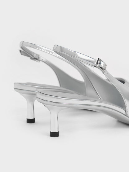 CHARLES & KEITH Premium / Curtis Metallic Slingback Kitten Heels - Silver