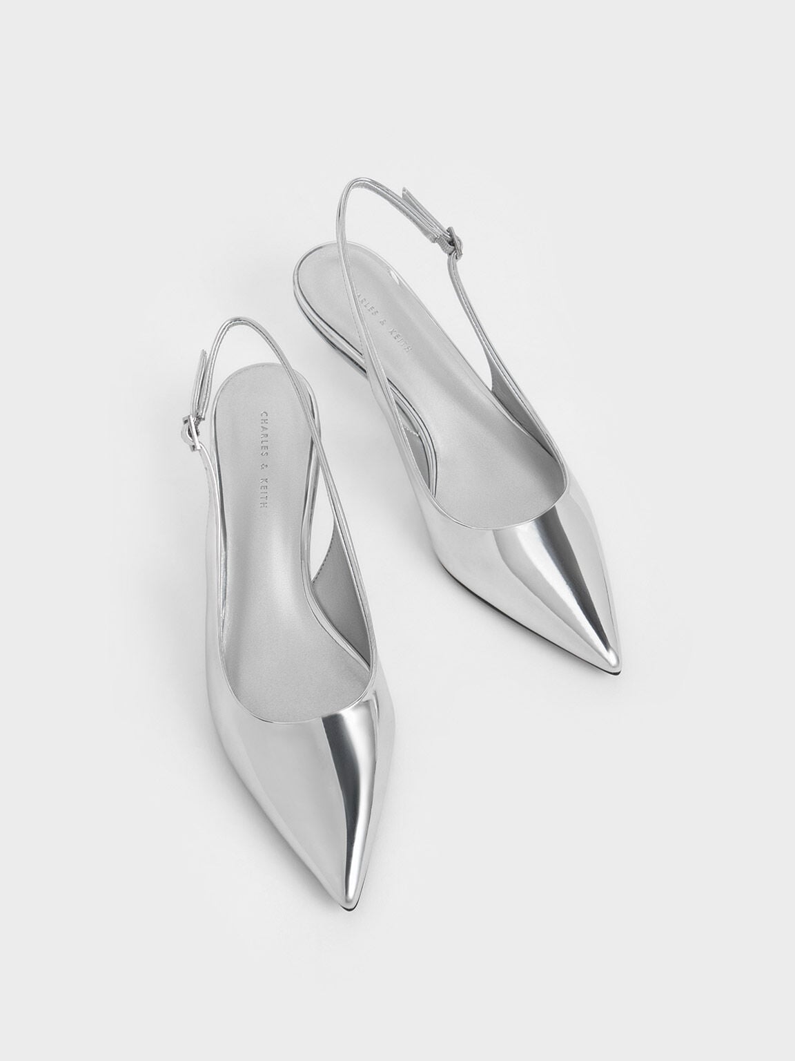 CHARLES & KEITH Premium / Curtis Metallic Slingback Kitten Heels - Silver