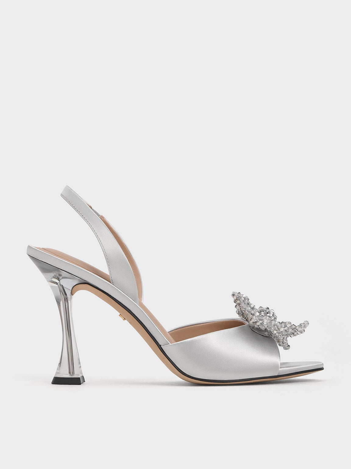 CHARLES & KEITH Quality / Beaded Bow Slingback Pumps - Silver