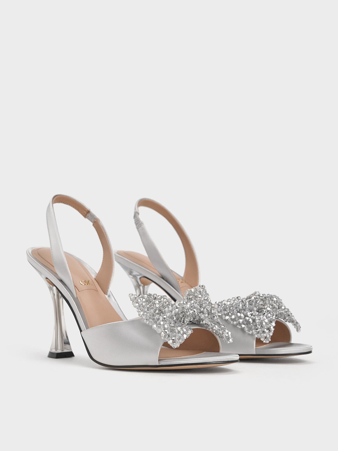 CHARLES & KEITH Quality / Beaded Bow Slingback Pumps - Silver