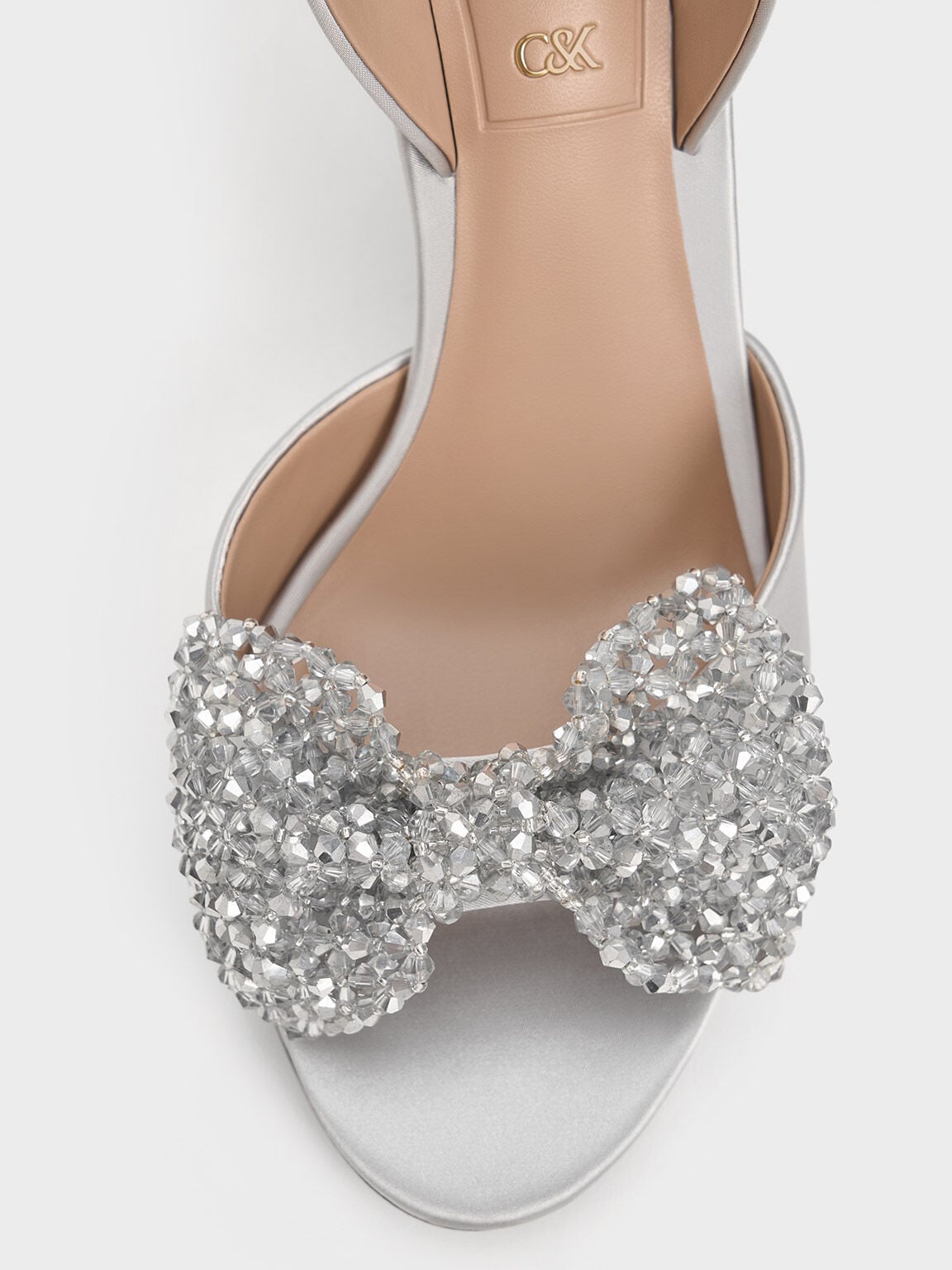 CHARLES & KEITH Quality / Beaded Bow Slingback Pumps - Silver