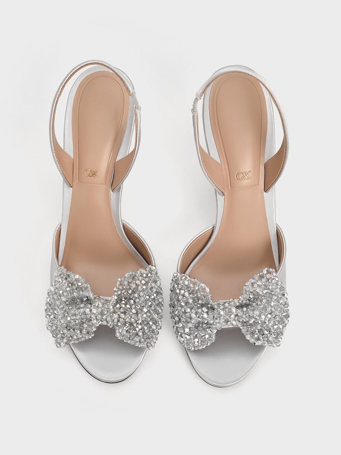 CHARLES & KEITH Quality / Beaded Bow Slingback Pumps - Silver